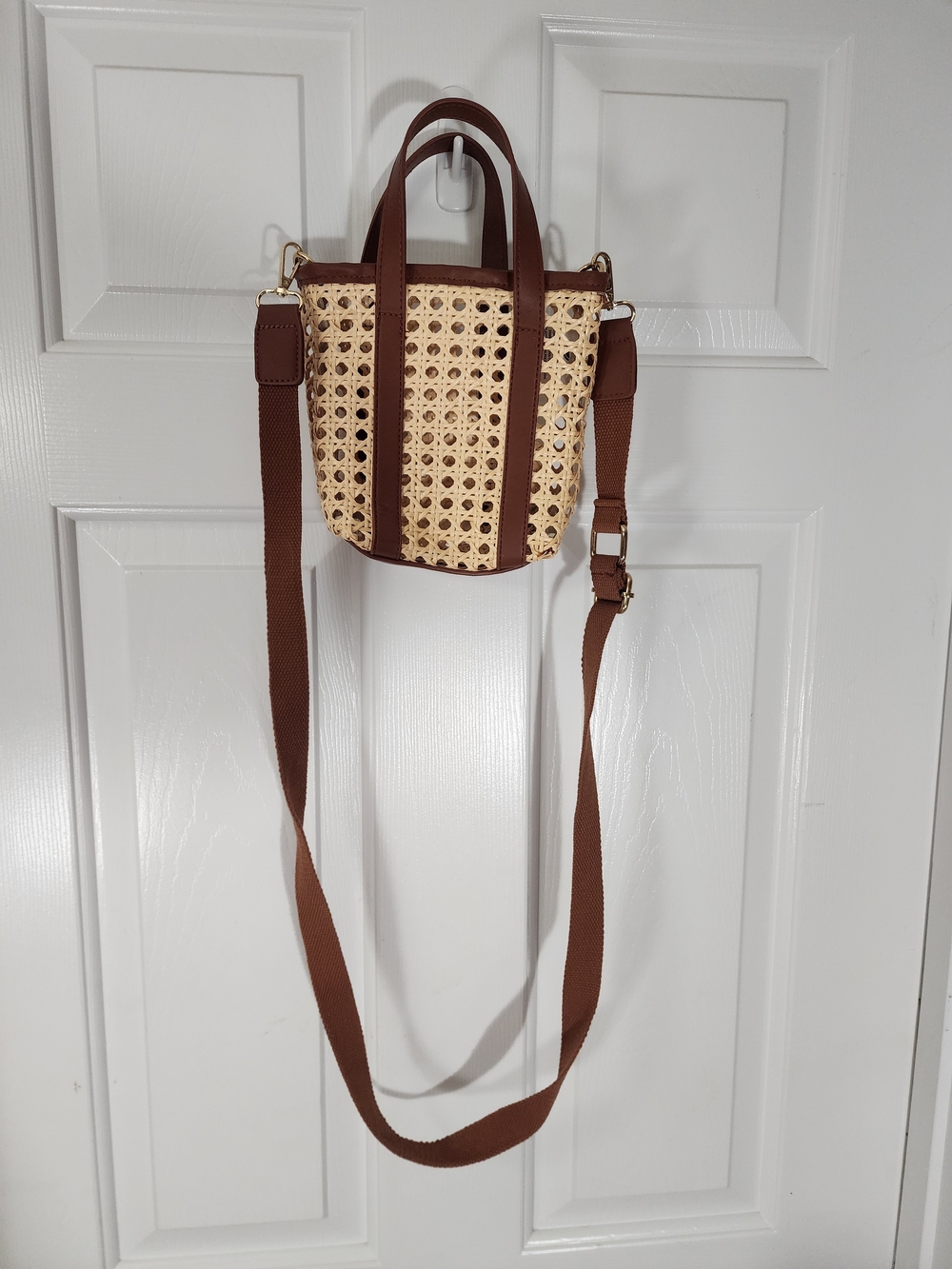 Woven Rattan Mini Tote Crossbody Bag with Brown Trim